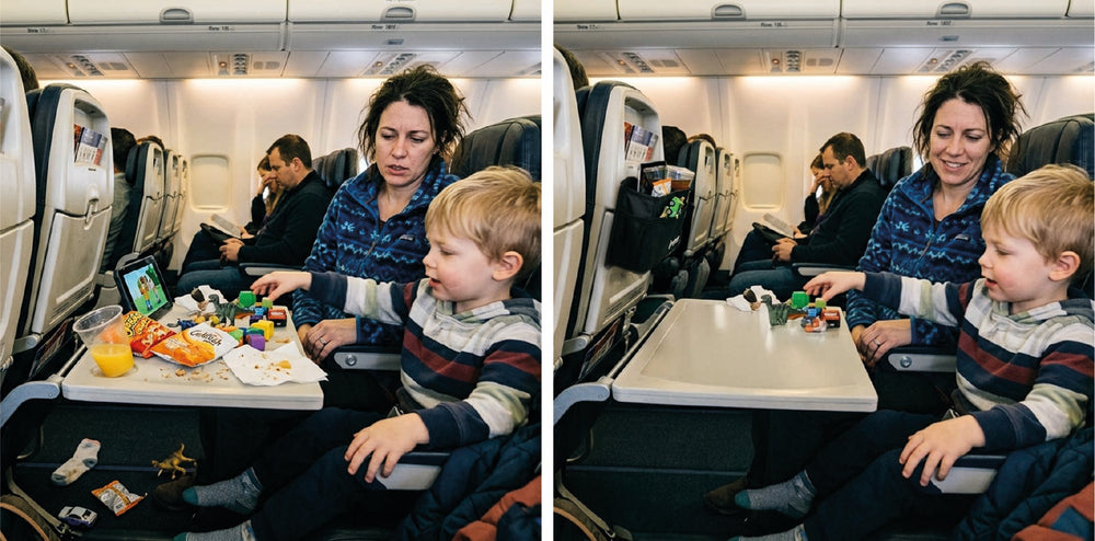 Snacks, legetøj og tablets over det hele
